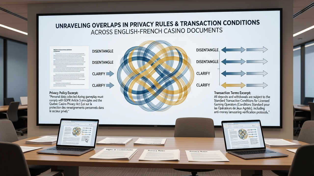 Close-up view of highlighted sections in casino terms comparing privacy and payment clauses in English and French